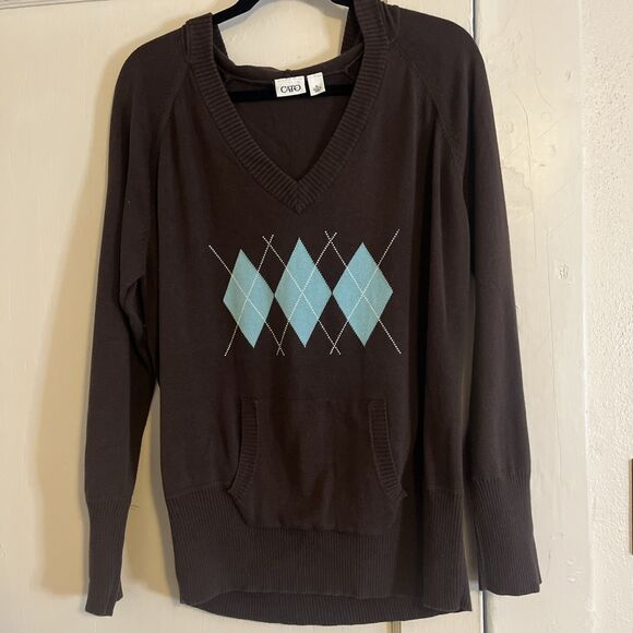 Cato Women’s XL Chocolate Brown Sweater Hood Kangaroo Pocket Cotton Blue Argyle - Picture 1 of 10